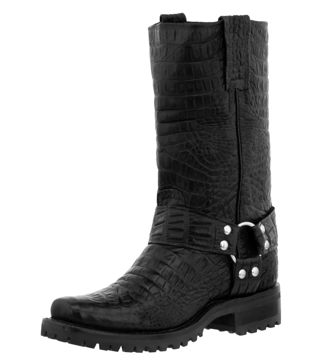 Mens Black Motorcycle Boots Crocodile Belly Print - Square Toe