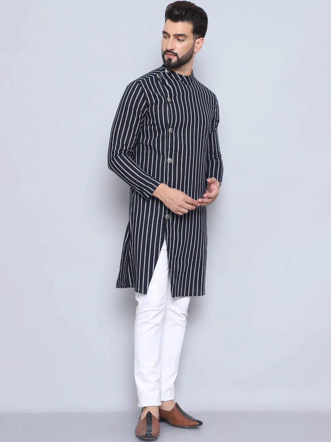 Men's Black Pure Cotton Sherwani Kurta - Even Apparels