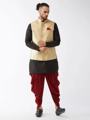 Men's Black, Rose Gold And Maroon Silk Blend Jacket, Kurta And Dhoti Set - Vastramay