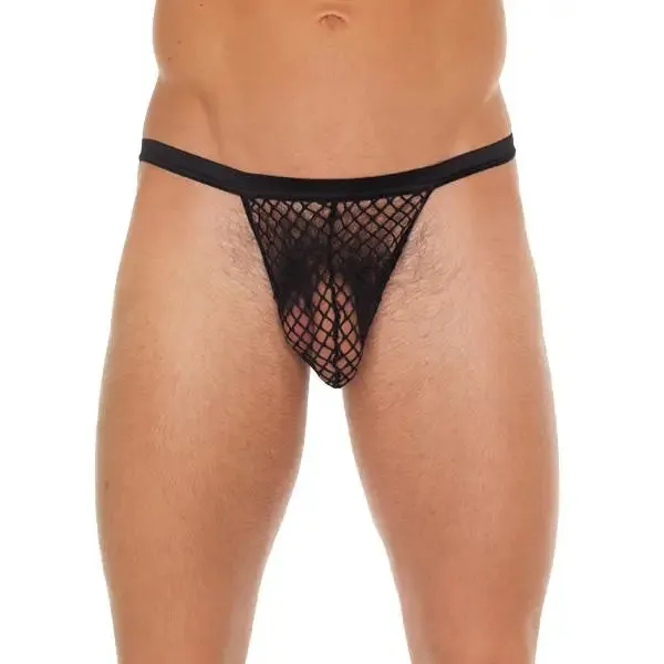 Mens Black Sexy G-string with Black Fishnet Pouch