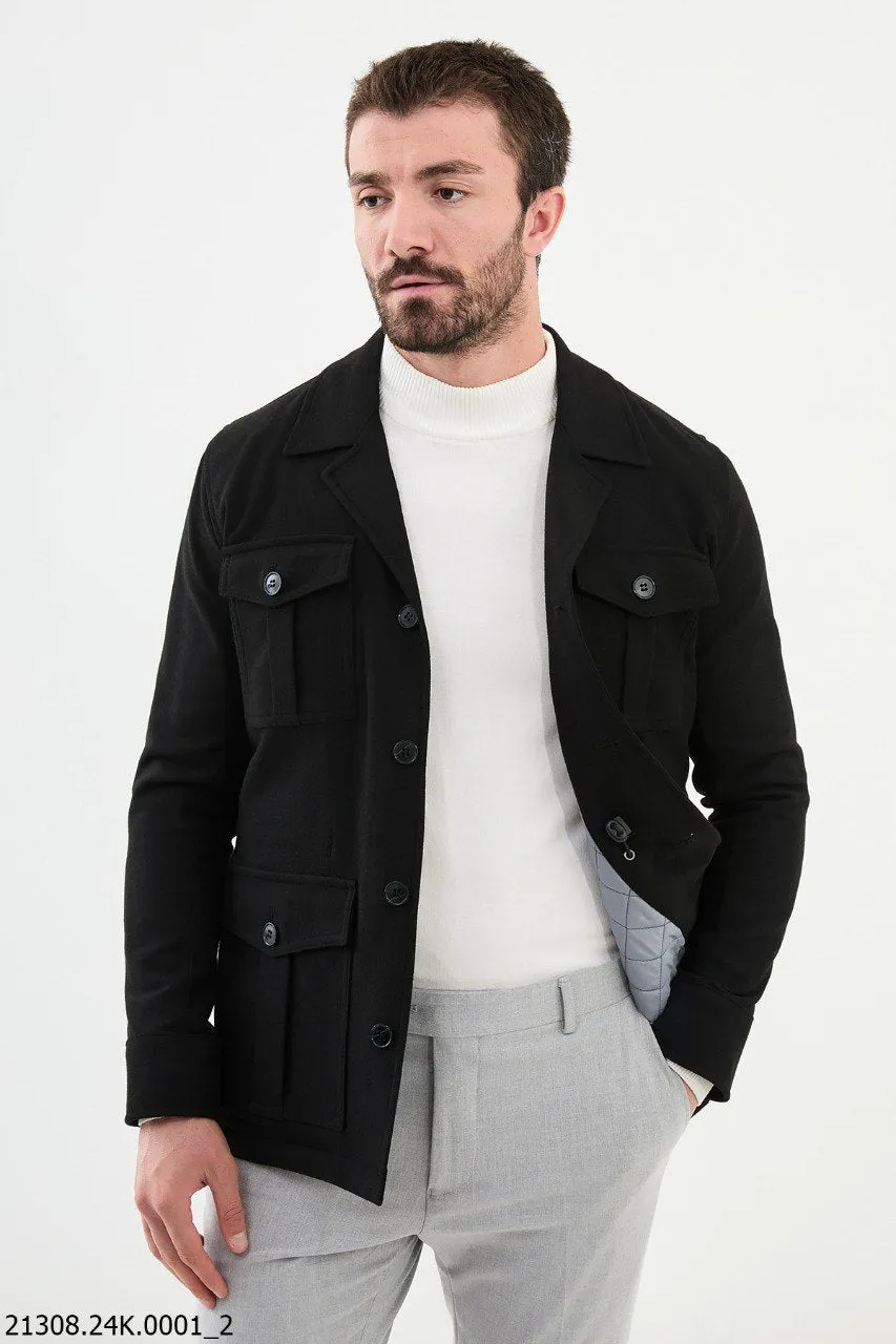 Men's Black Utility Pocket Winter Jacket