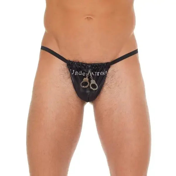 Mens Black Wet Look G-string with Handcuff Pouch