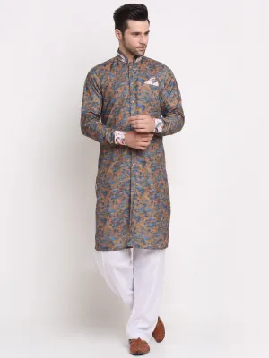 Men's Blue & Brown Printed Kurta With White Pyjamas Set - Benstoke