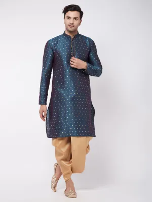 Men's Blue And Rose Gold Silk Blend Kurta And Dhoti Set - Vastramay