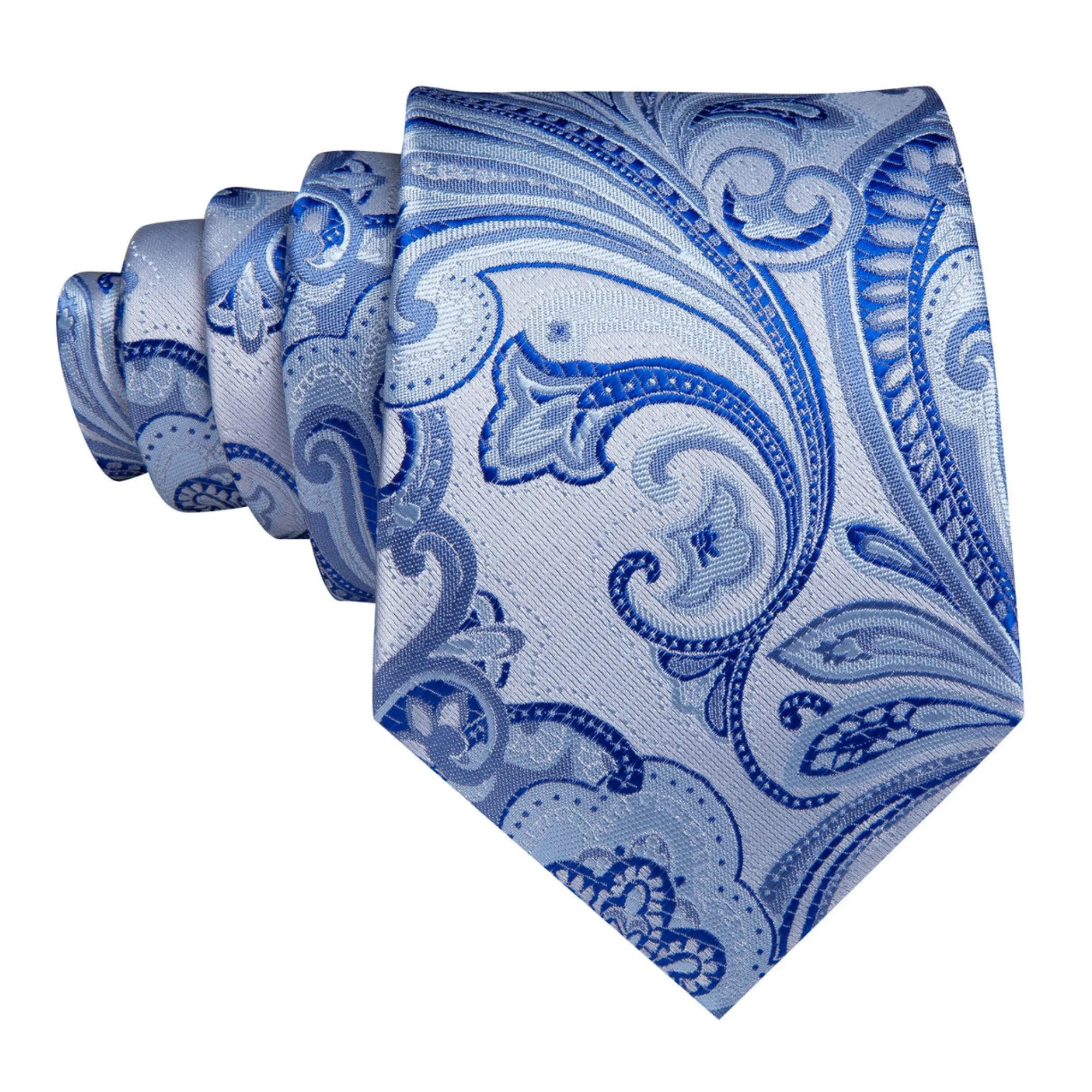 Men's Blue And Silver Paisley 100% Silk Neck Tie With Matching Hanky And Cufflinks Set