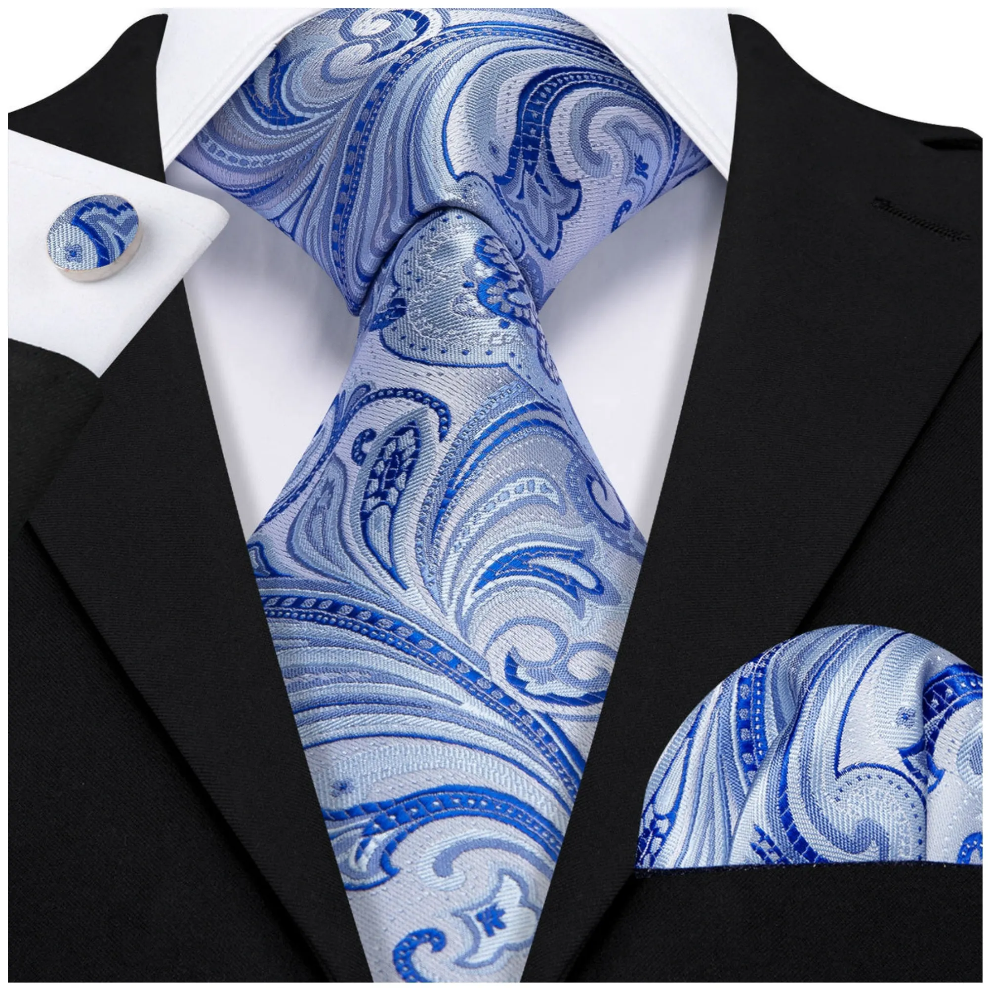 Men's Blue And Silver Paisley 100% Silk Neck Tie With Matching Hanky And Cufflinks Set