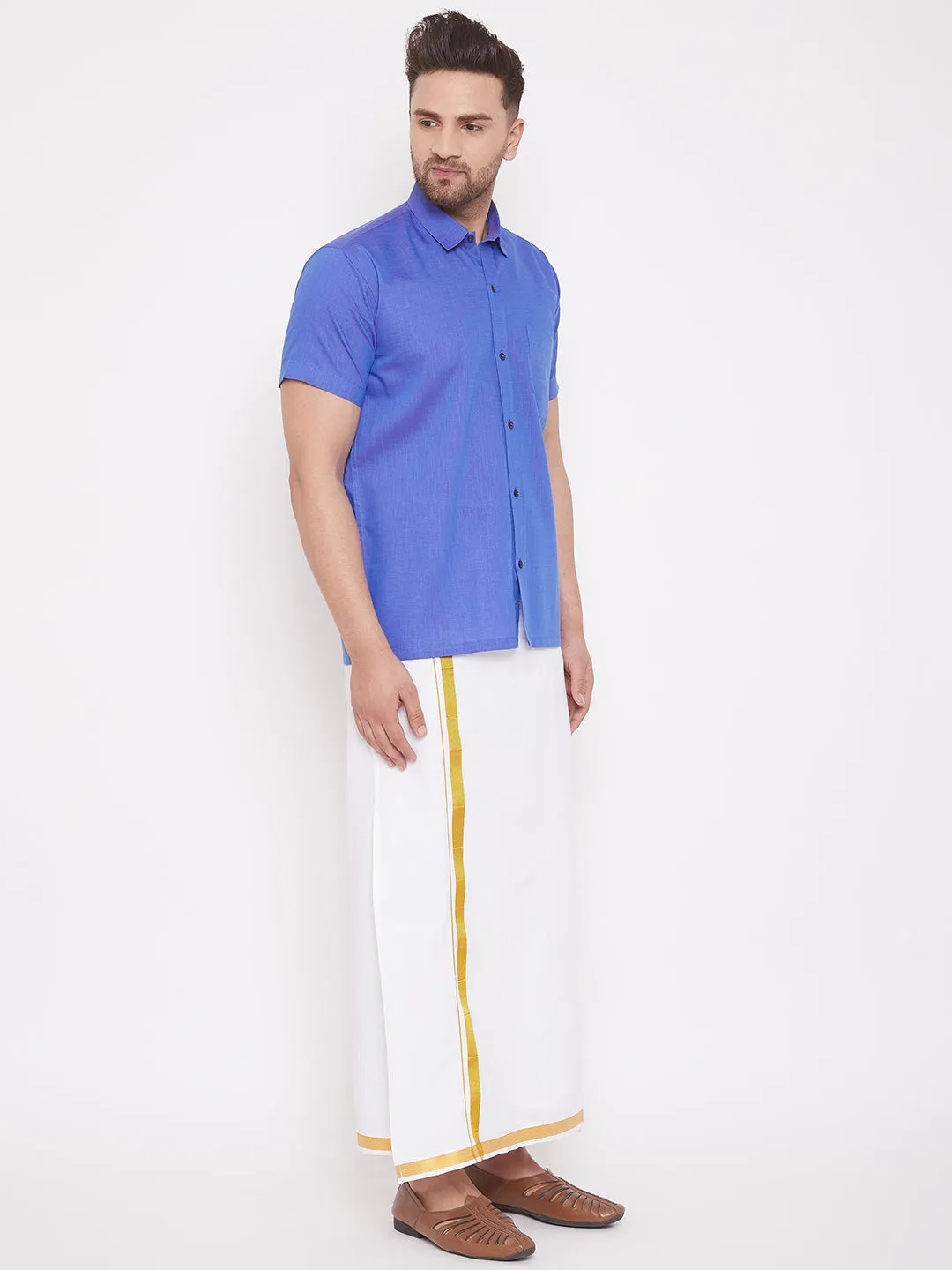 Men's Blue And White Cotton Blend Shirt And Mundu - Vastramay