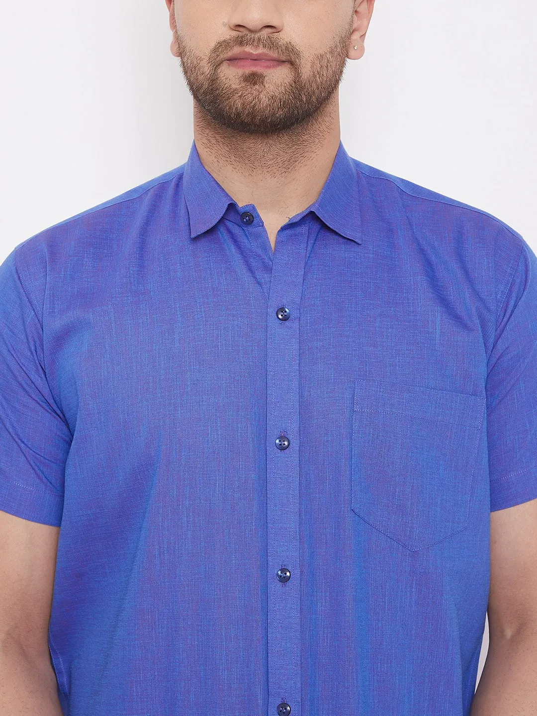 Men's Blue And White Cotton Blend Shirt And Mundu - Vastramay