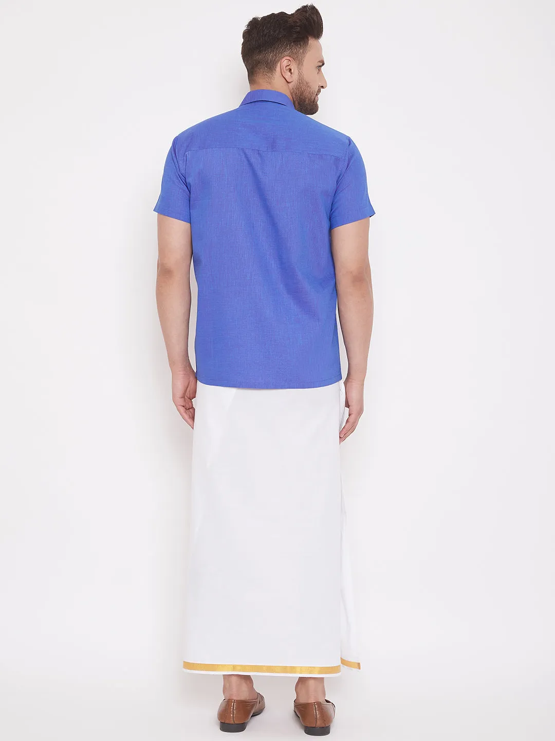 Men's Blue And White Cotton Blend Shirt And Mundu - Vastramay