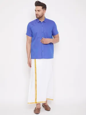 Men's Blue And White Cotton Blend Shirt And Mundu - Vastramay