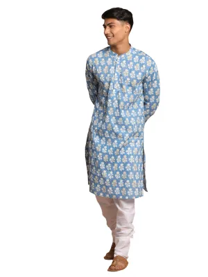 Men's Blue And White Cotton Kurta Pyjama Set - Vastramay