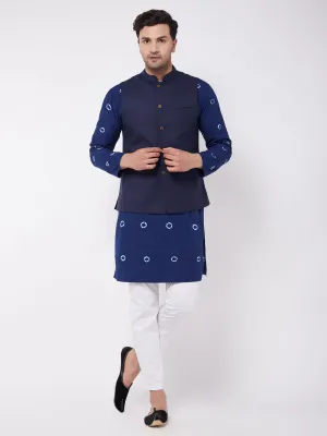 Men's Blue And White Pure Cotton Jacket, Kurta And Pyjama Set - Vastramay