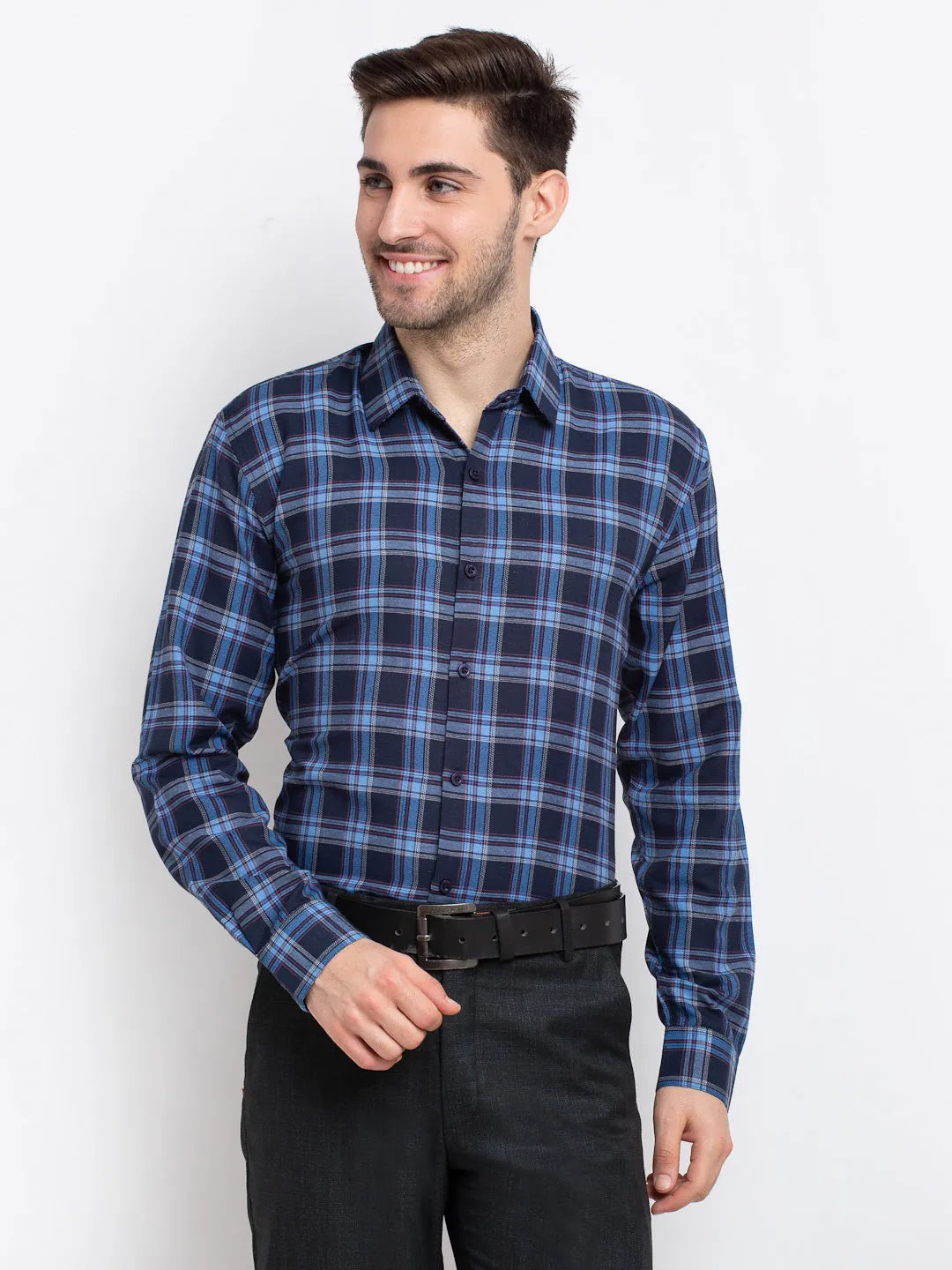 Men's Blue Checked Cotton Formal Shirt ( SF 786Blue ) - Jainish