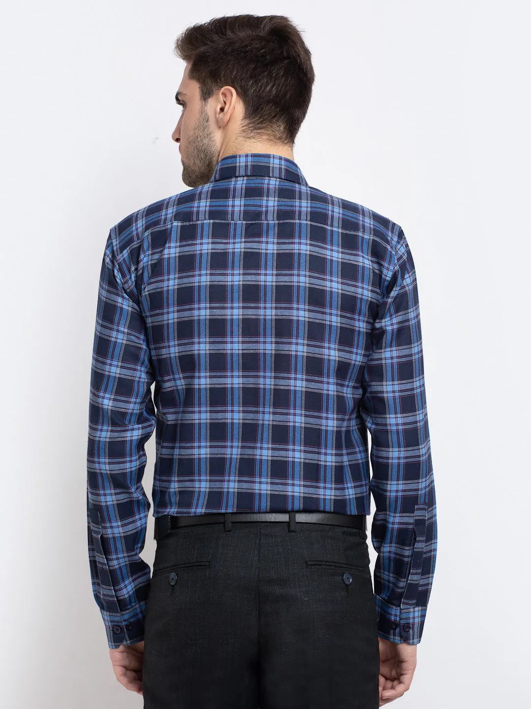 Men's Blue Checked Cotton Formal Shirt ( SF 786Blue ) - Jainish