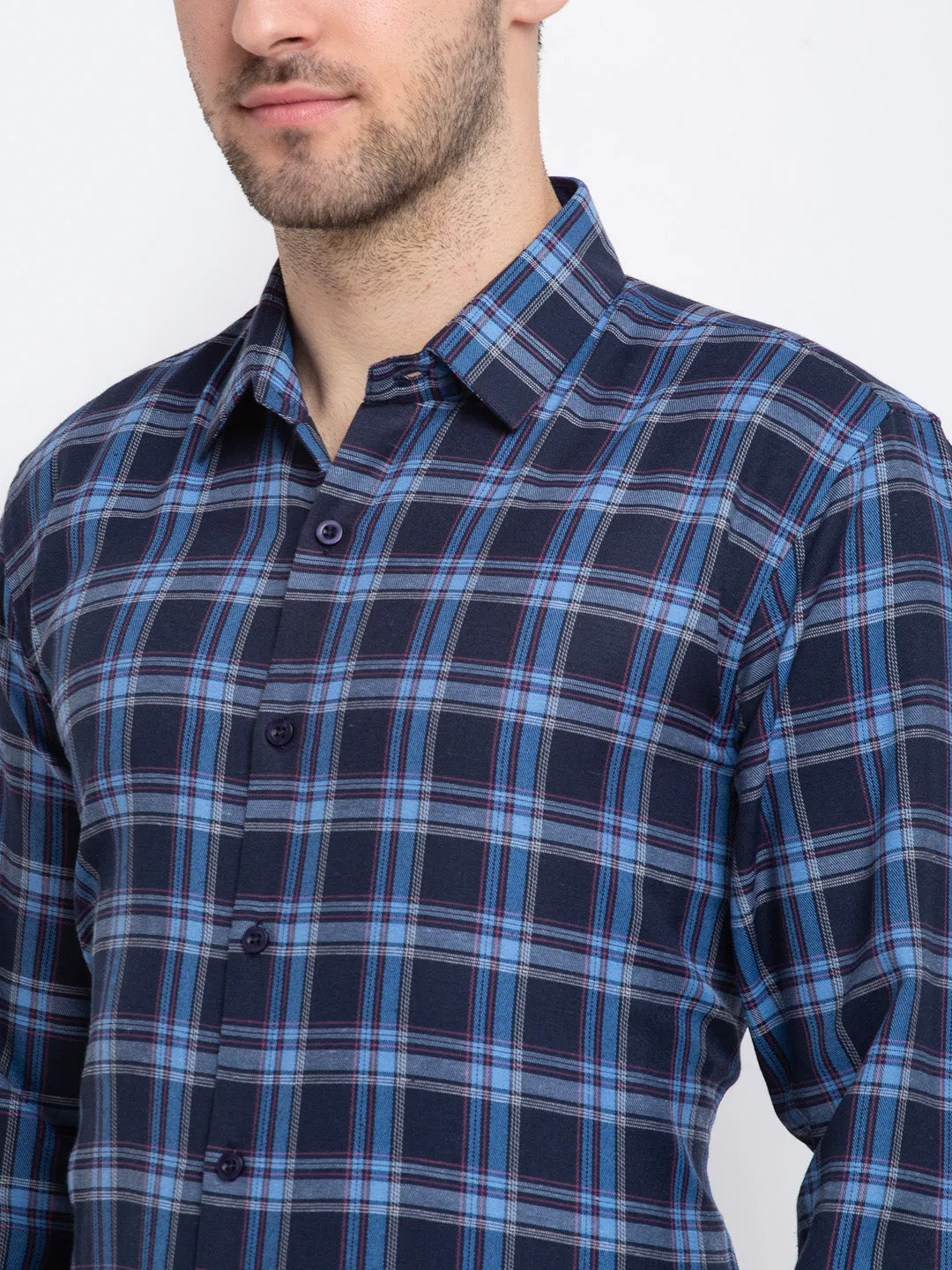 Men's Blue Checked Cotton Formal Shirt ( SF 786Blue ) - Jainish