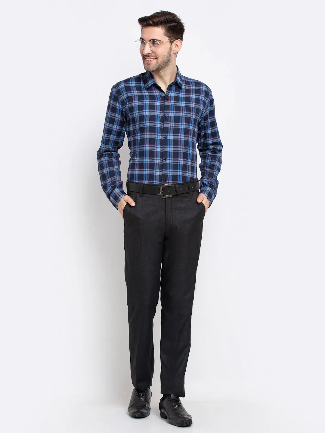 Men's Blue Checked Cotton Formal Shirt ( SF 786Blue ) - Jainish