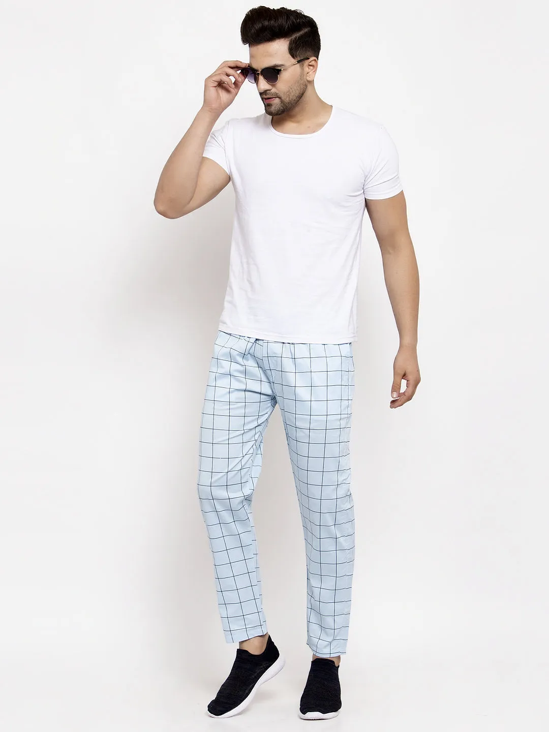 Men's Blue Checked Cotton Track Pants ( JOG 012Sky ) - Jainish