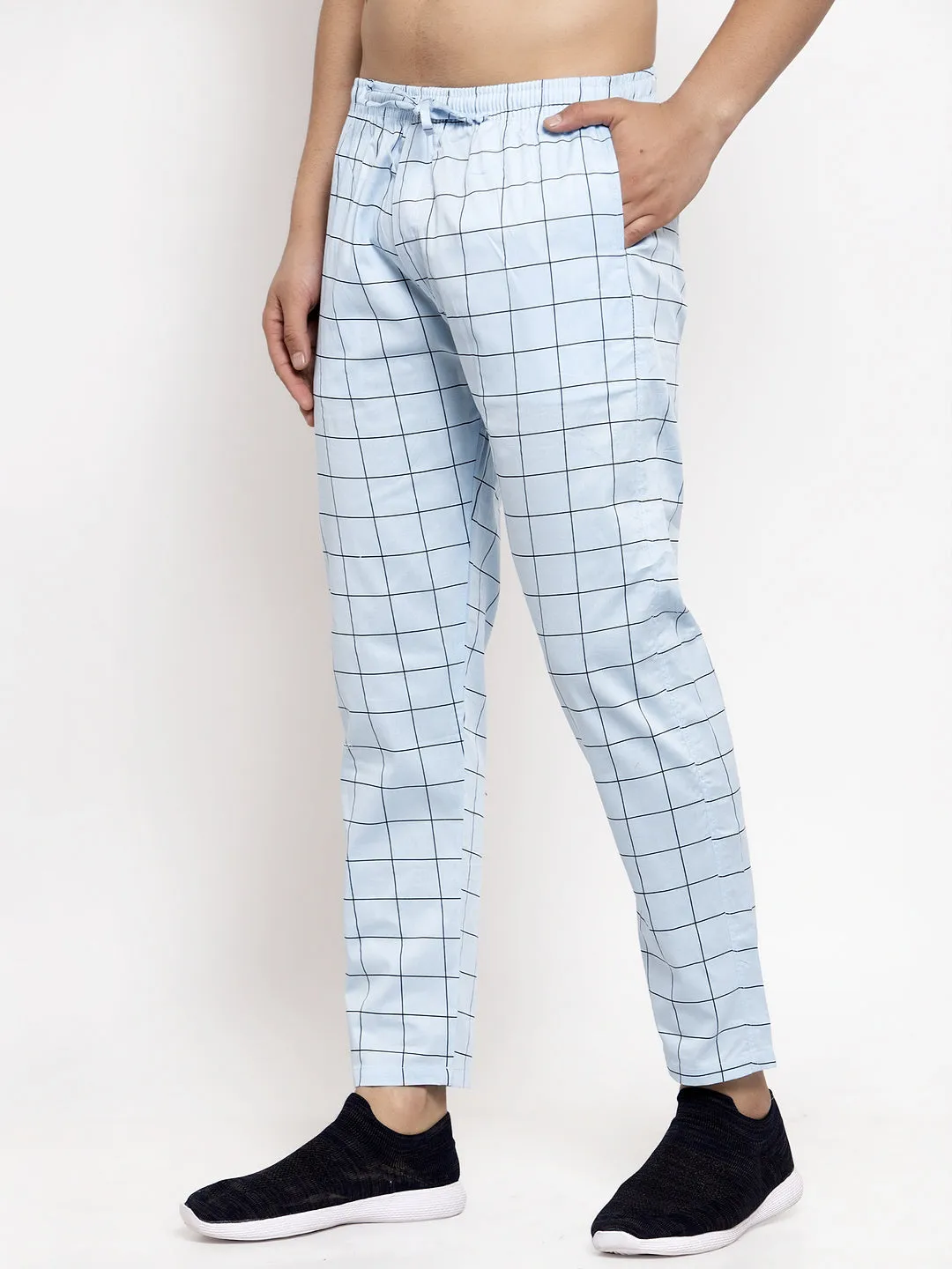 Men's Blue Checked Cotton Track Pants ( JOG 012Sky ) - Jainish