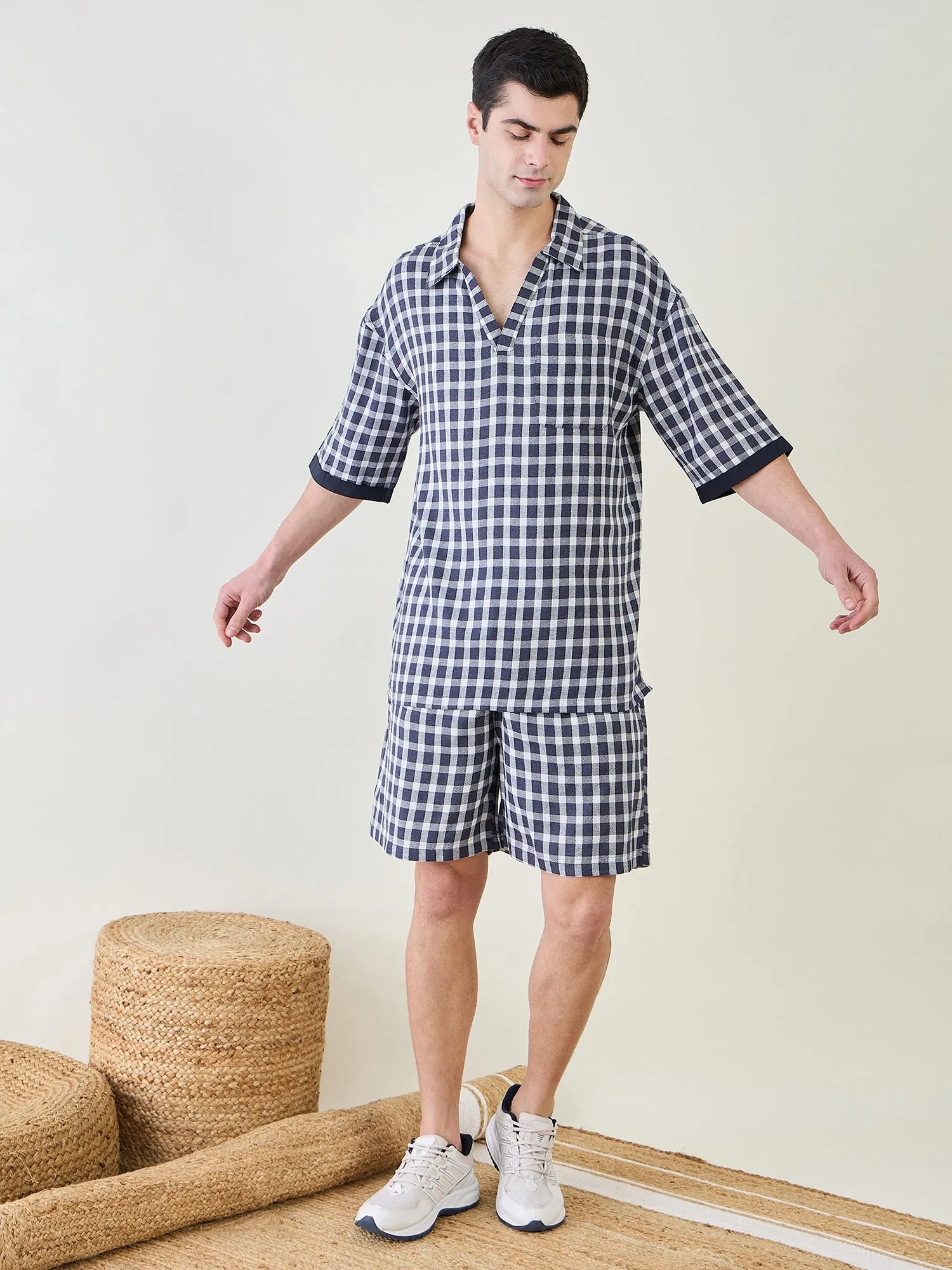 Mens Blue Checks Shorts Set