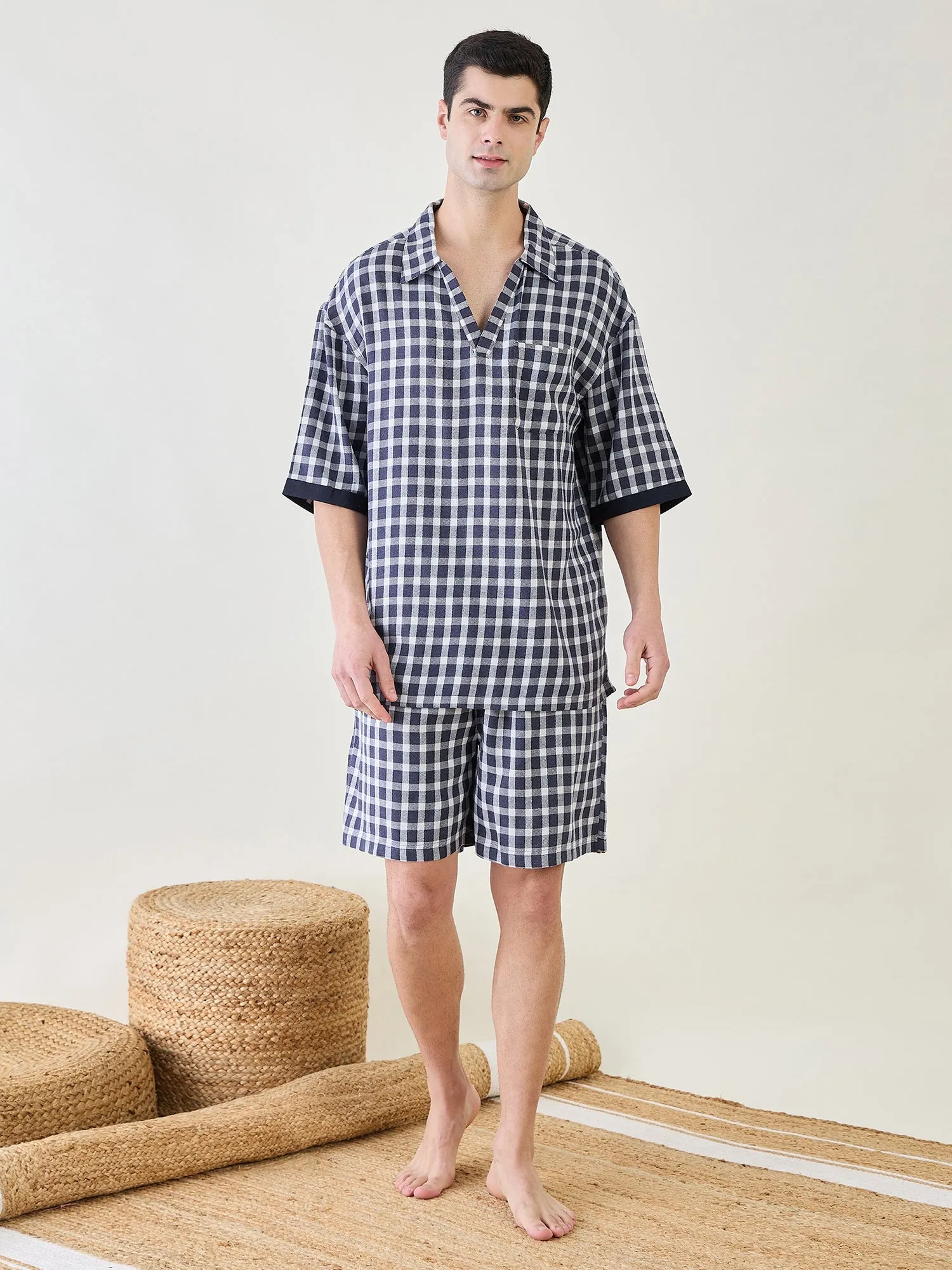 Mens Blue Checks Shorts Set