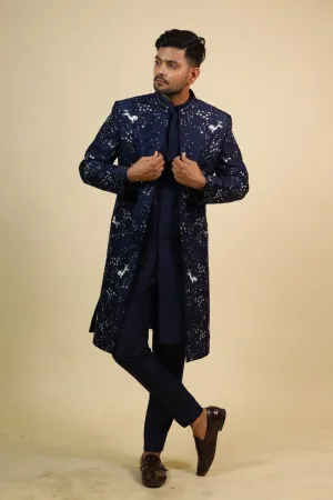 Men's Blue Color Indo-Western Suit - Hilo Design