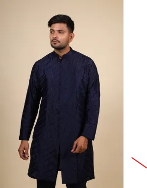 Men's Blue Color Navy Blue Shirt Cut Lattice Pattern Designer Kurta Dupion - Hilo Design