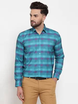 Men's Blue Cotton Checked Formal Shirt's ( SF 746Sky ) - Jainish