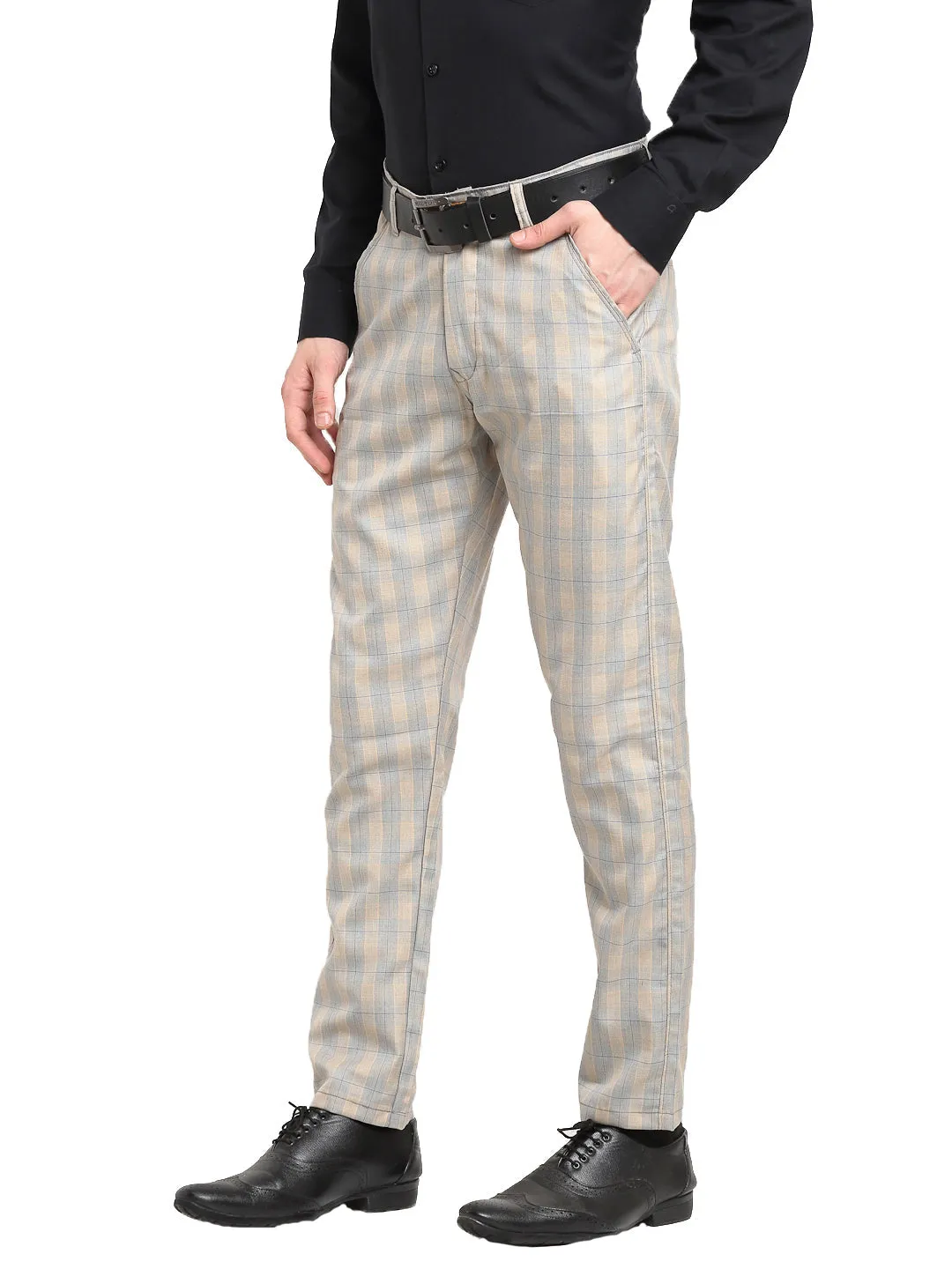 Men's Blue Cotton Checked Formal Trousers ( FGP 267Blue ) - Jainish