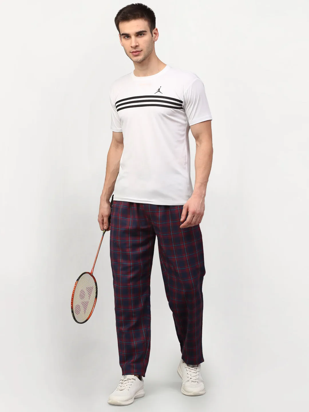 Men's Blue Cotton Checked Track Pants ( JOG 018Blue-Red ) - Jainish