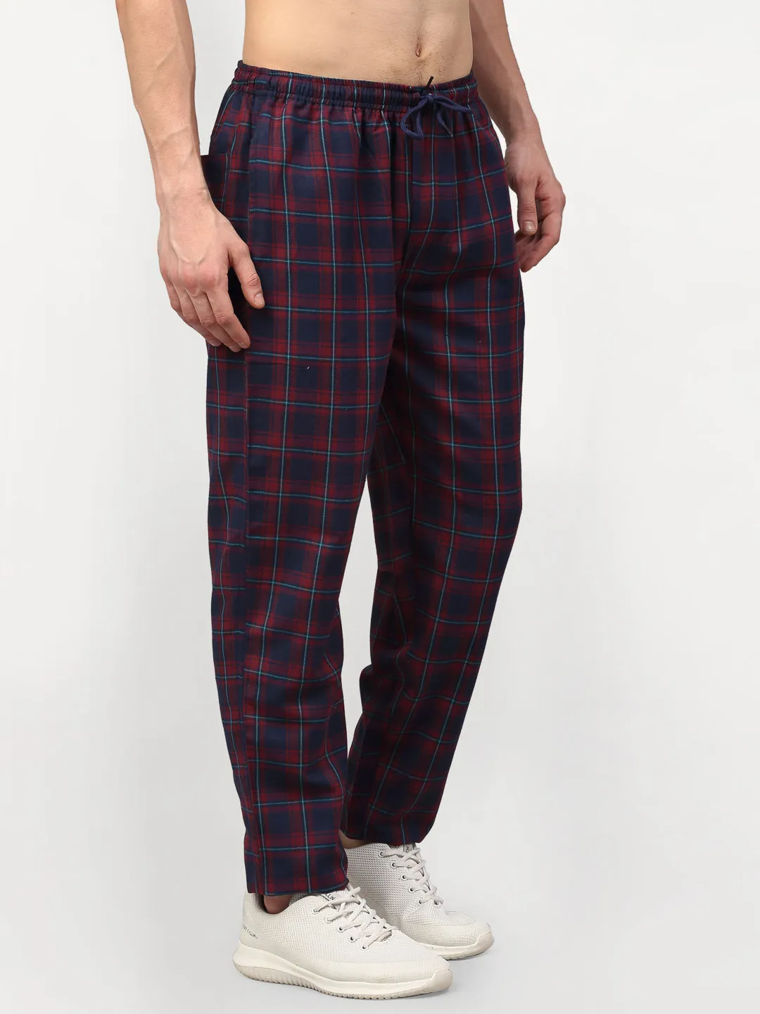 Men's Blue Cotton Checked Track Pants ( JOG 018Blue-Red ) - Jainish