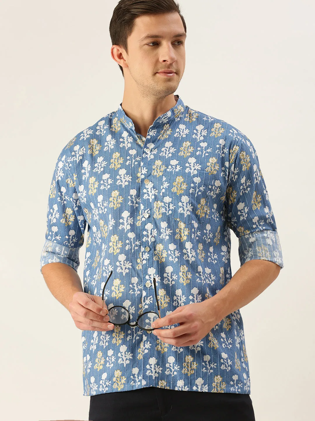 Men's Blue Cotton Ethnic Shirt - Vastramay