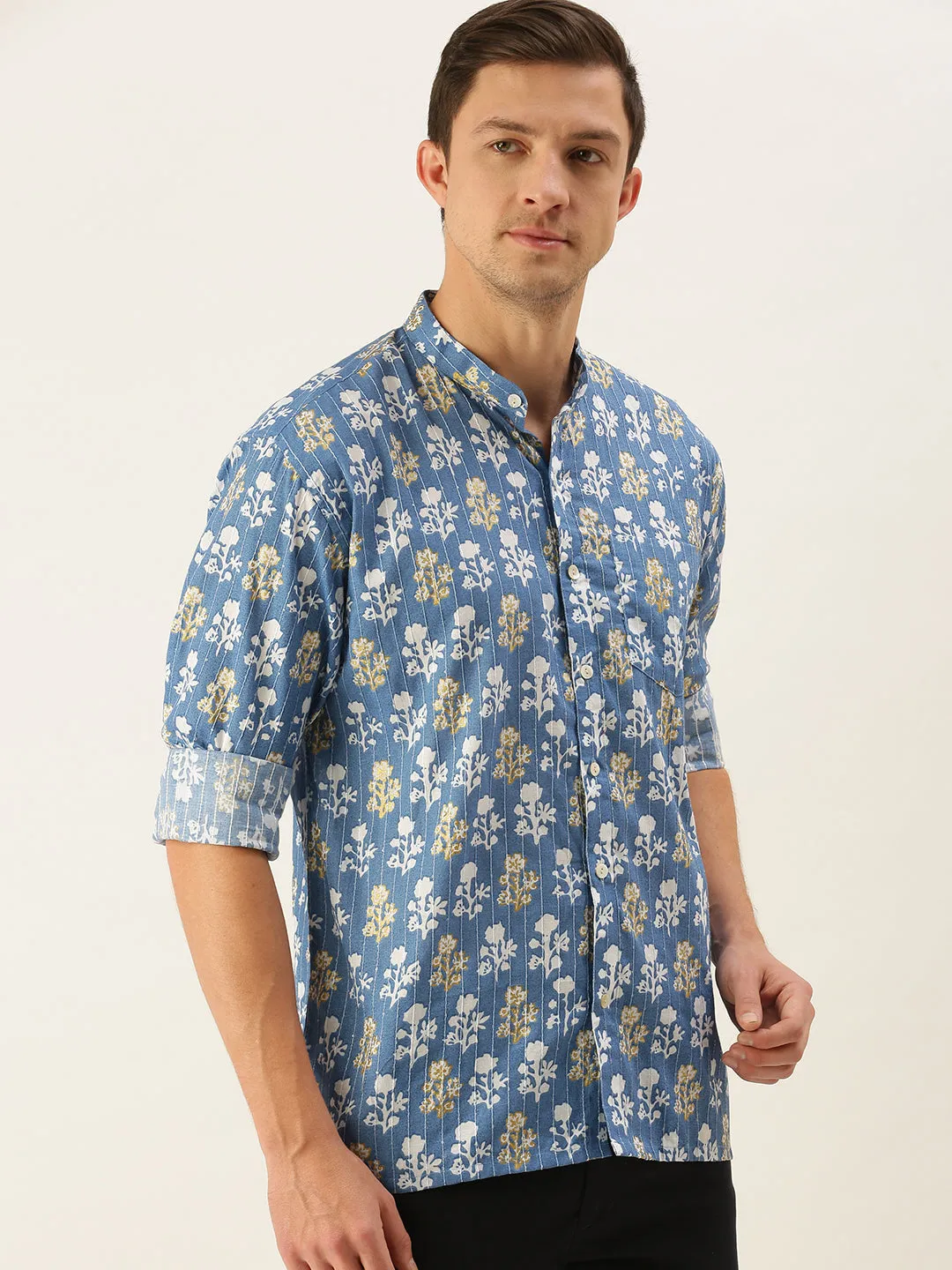 Men's Blue Cotton Ethnic Shirt - Vastramay