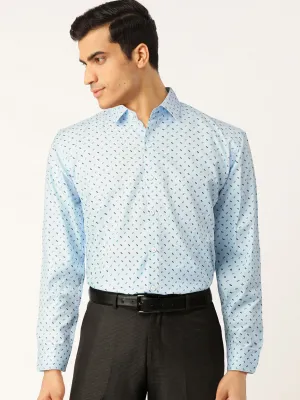 Men's Blue Cotton Printed Formal Shirts ( SF 716Sky ) - Jainish