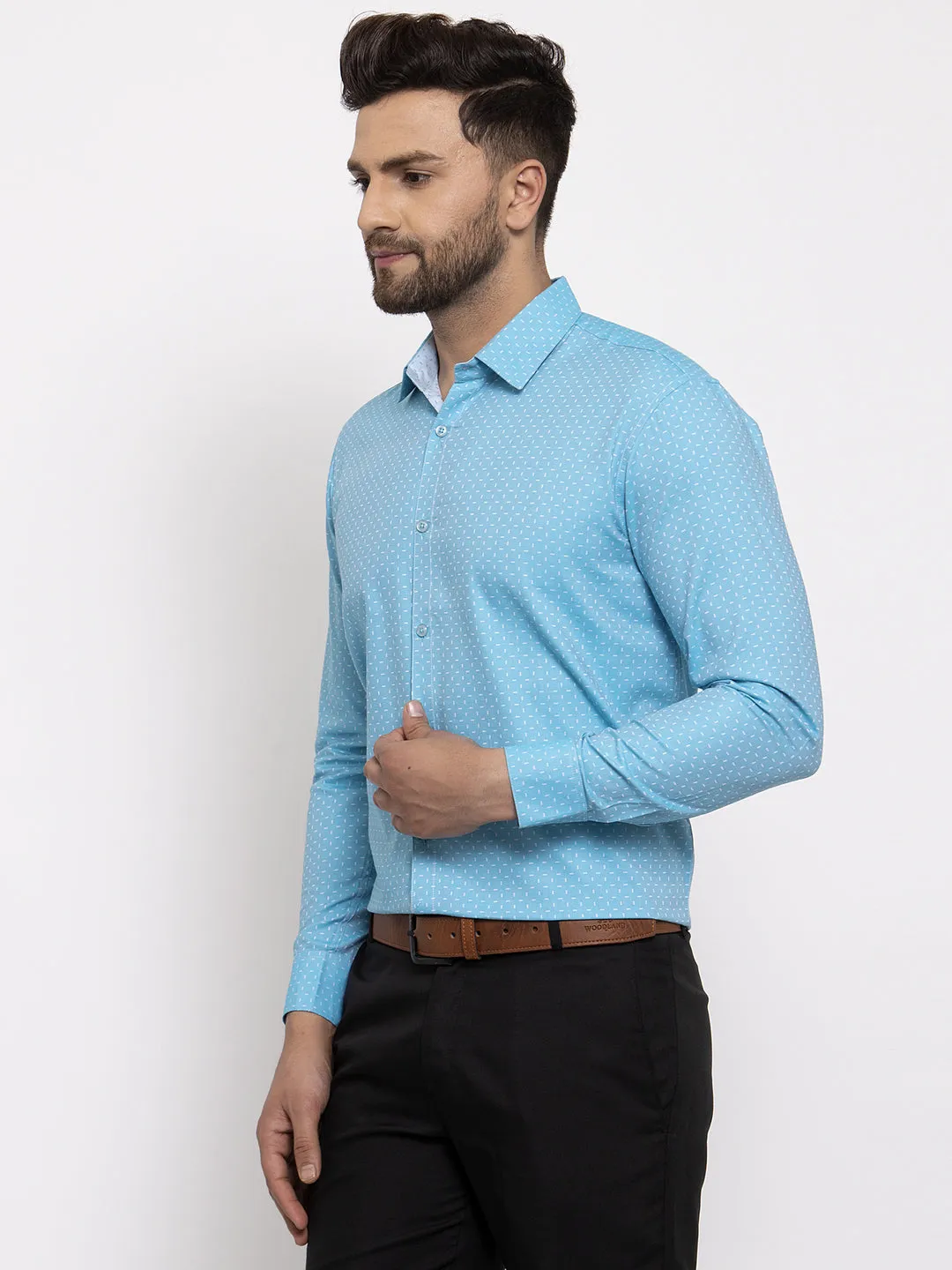 Men's Blue Cotton Printed Formal Shirt's ( SF 774Aqua ) - Jainish