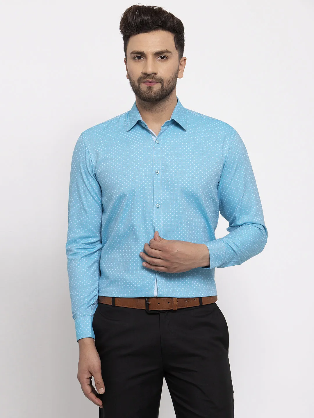 Men's Blue Cotton Printed Formal Shirt's ( SF 774Aqua ) - Jainish