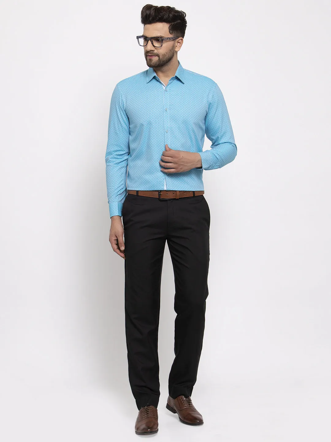 Men's Blue Cotton Printed Formal Shirt's ( SF 774Aqua ) - Jainish