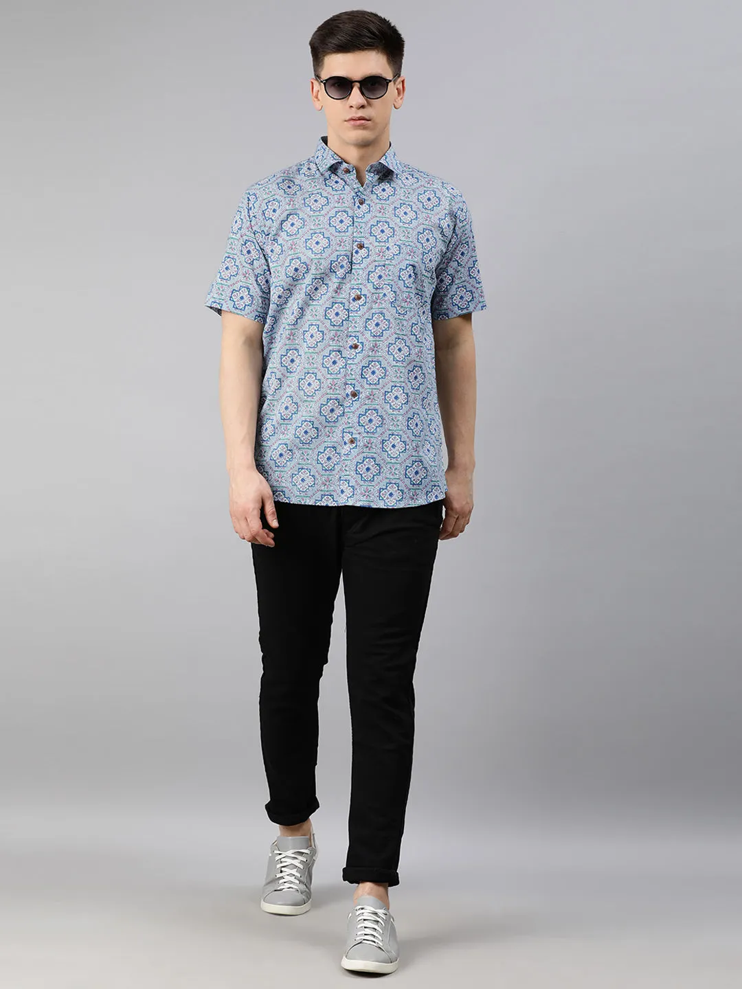 Men's Blue Cotton Short Sleeves Shirts For Men - Taantav