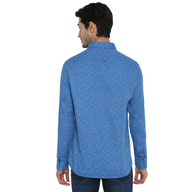 Mens Blue Cotton Slim Fit Printed Shirt