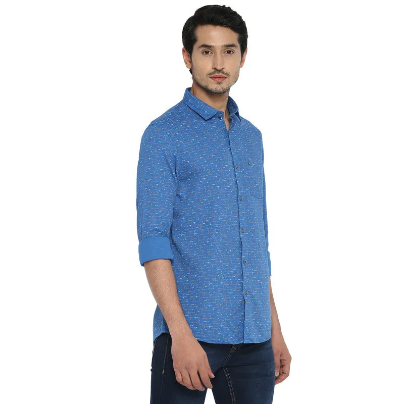 Mens Blue Cotton Slim Fit Printed Shirt