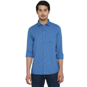 Mens Blue Cotton Slim Fit Printed Shirt