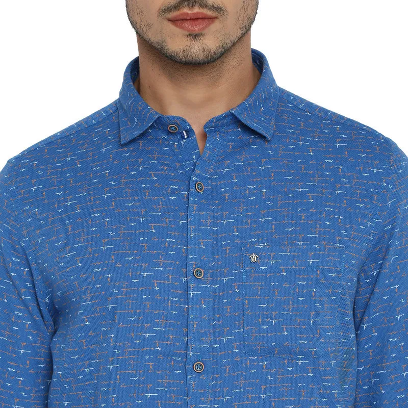 Mens Blue Cotton Slim Fit Printed Shirt