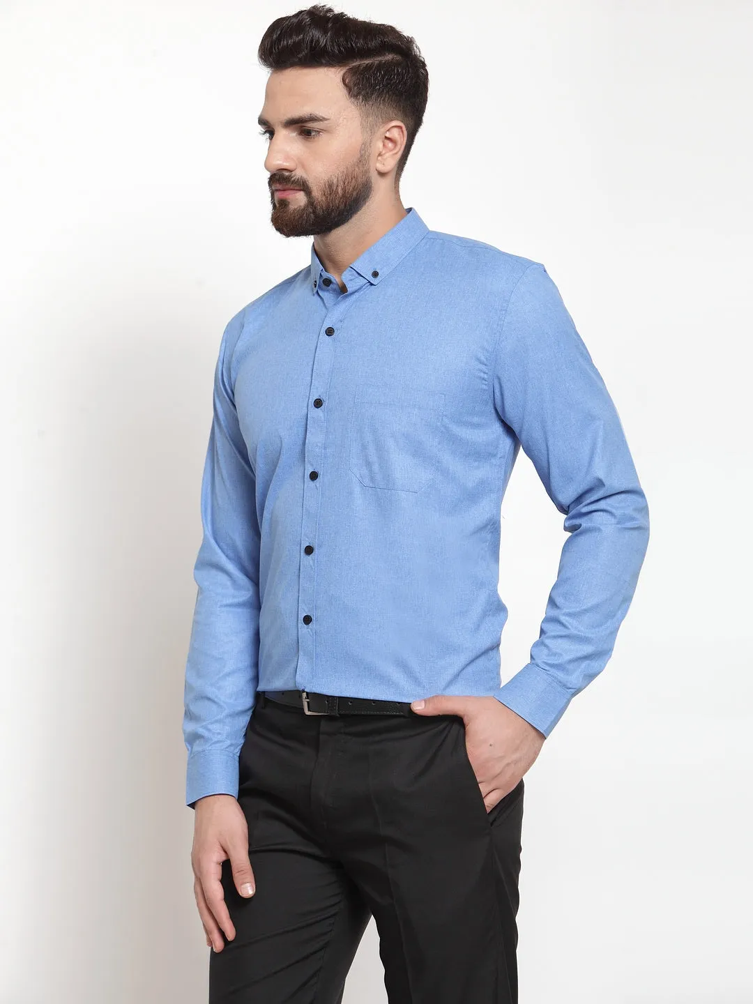 Men's Blue Cotton Solid Button Down Formal Shirts ( SF 734Light-Blue ) - Jainish