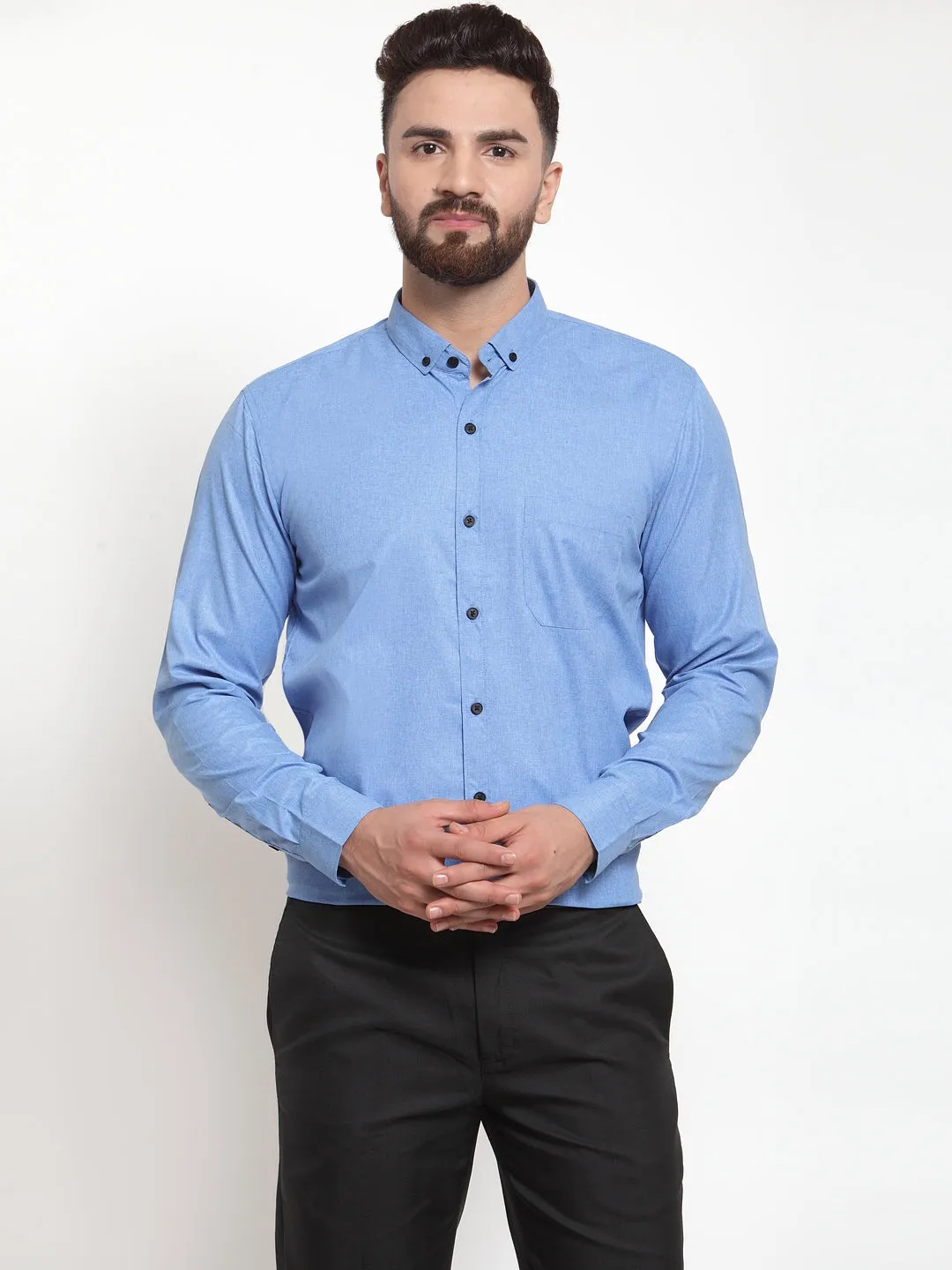 Men's Blue Cotton Solid Button Down Formal Shirts ( SF 734Light-Blue ) - Jainish