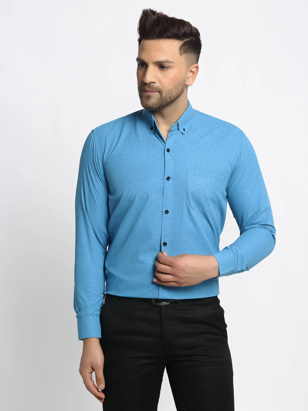 Men's Blue Cotton Solid Button Down Formal Shirts ( SF 734Sky ) - Jainish