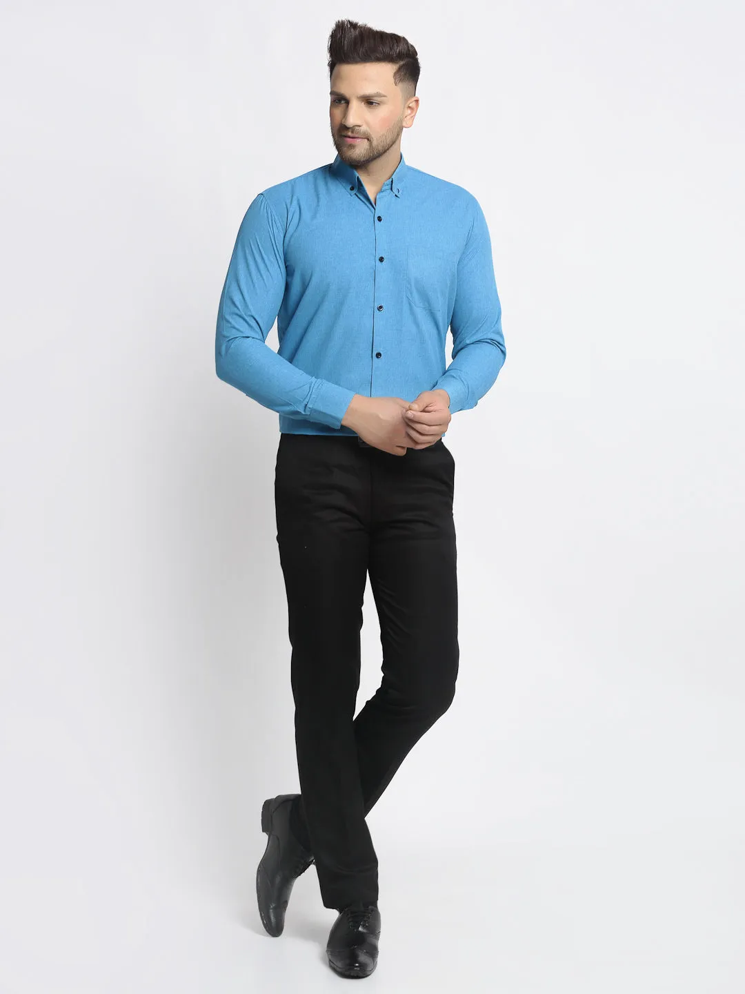 Men's Blue Cotton Solid Button Down Formal Shirts ( SF 734Sky ) - Jainish