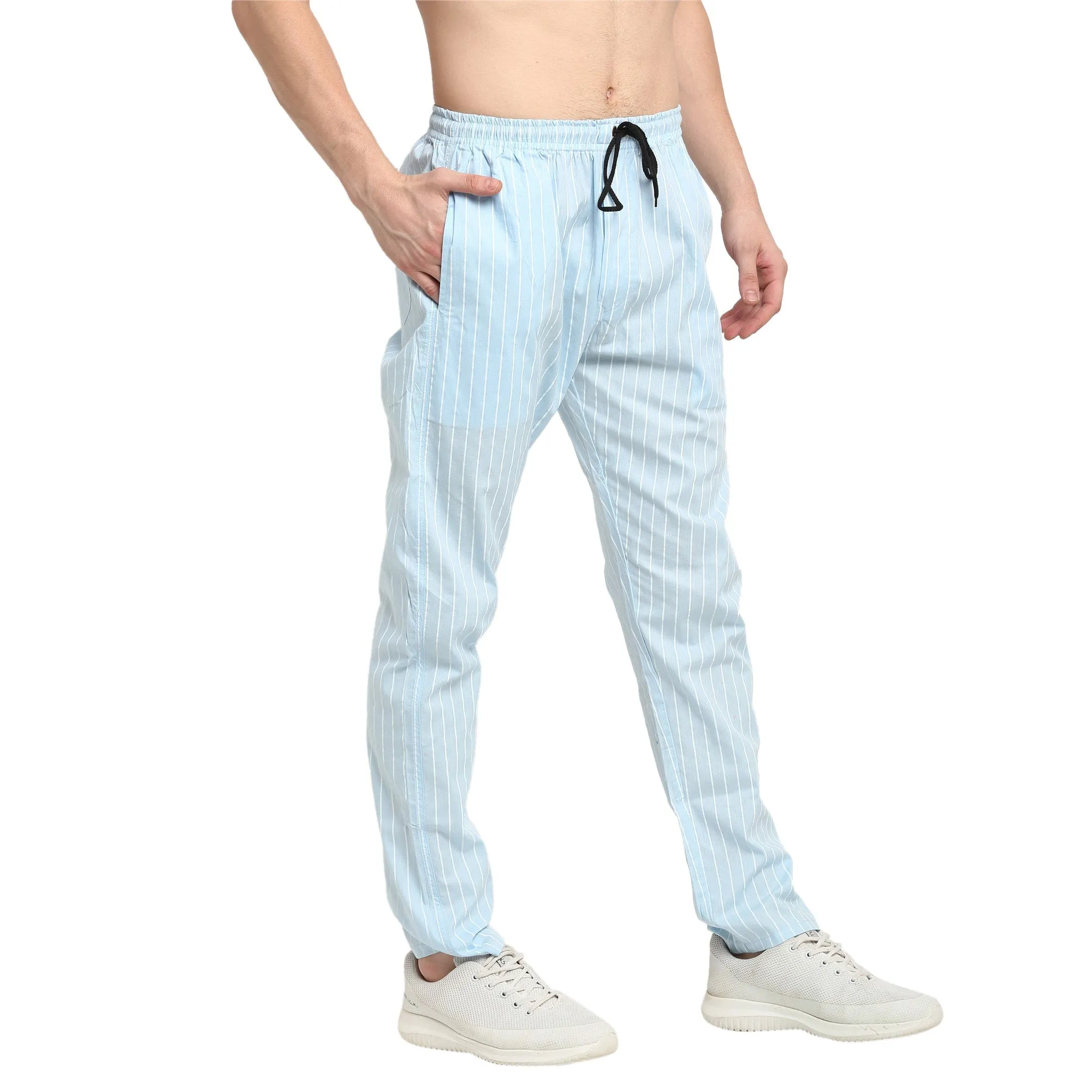 Men's Blue Cotton Striped Track Pants ( JOG 020Sky ) - Jainish