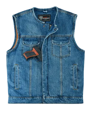 Men's Blue Denim Collarless Club Vest with Conceal Carry Pockets