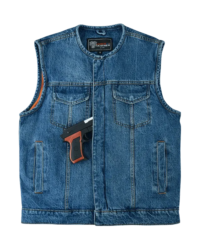 Men's Blue Denim Collarless Club Vest with Conceal Carry Pockets