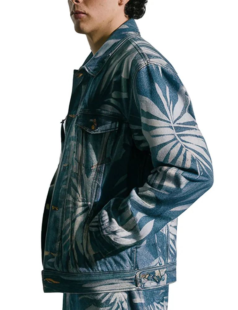 Men's Blue Leaf Print Slim Fit Denim Jacket