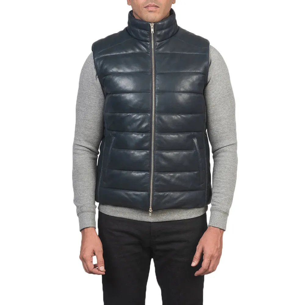 Mens Blue Leather Puffer Vest